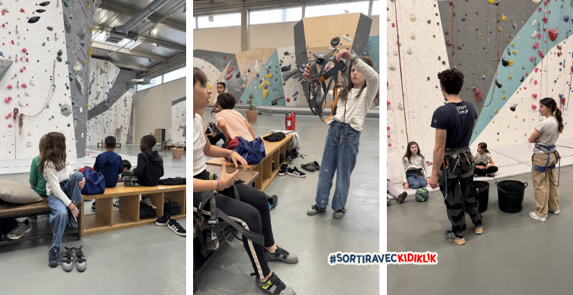 Les éléves de l'école d'escalade de Climb Up Aubervilliers s'équipent avant de grimper