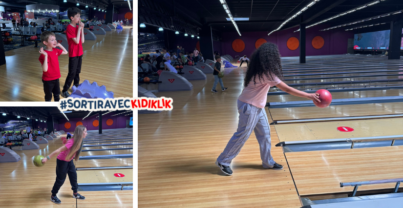 Enfants jouant au bowling chez Bowlcenter Orgeval : lances de balles des filles et stratégie des garçons