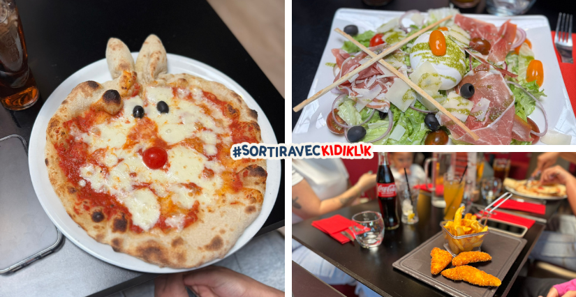 Montage photo de plats du restaurant Les Enfants Terribles au Bowlcenter Orgeval (78) : pizza en forme de lapin, salade italienne fraîche, aiguillettes de poulet corn-flakes et frites dorées